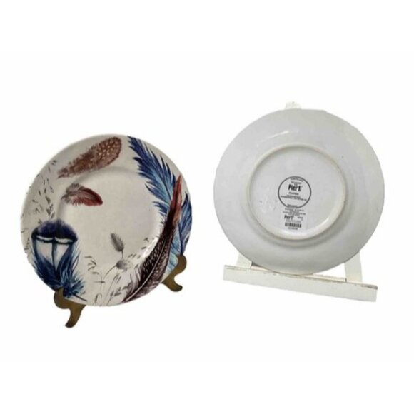 Pier 1 Imports Set Of 2 Stoneware Feather Plates Dinner Salad Round 8.5” Boho - Picture 2 of 5